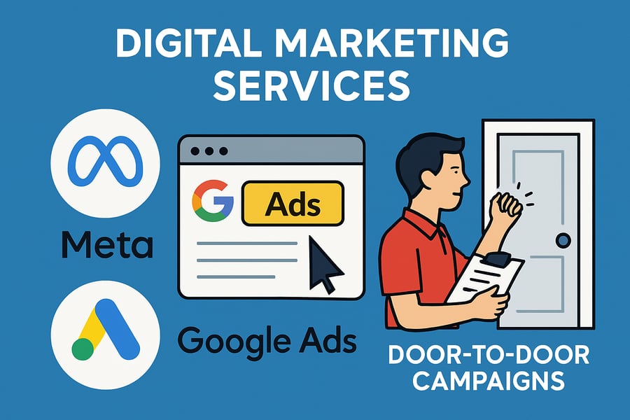 Digital marketing services including Meta, Google ads, and door-to-door campaigns